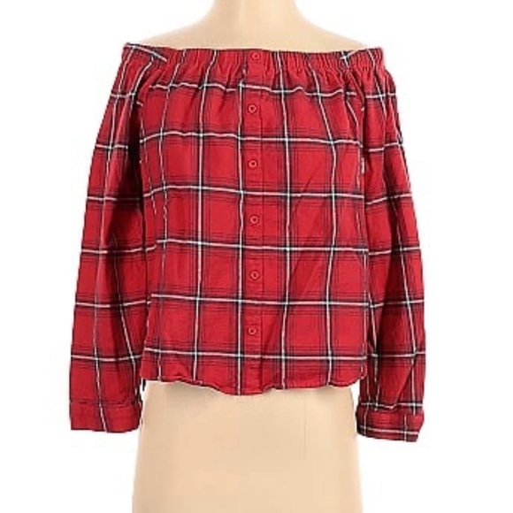 Honey Belle Tops - Red Plaid Off-Shoulder Women's Top